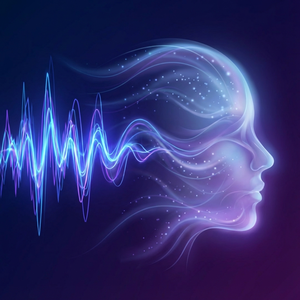 Digital sound wave transforming into a human face representing voice AI